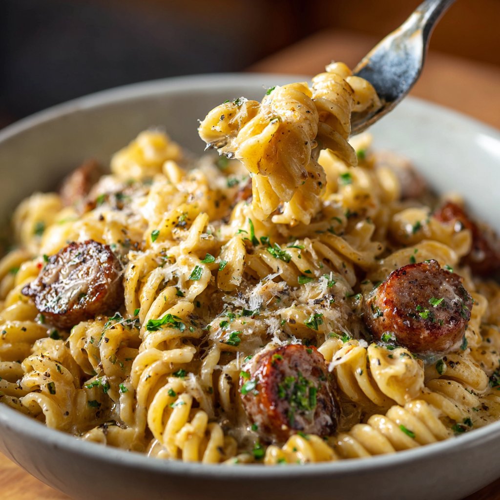 One Pot Cajun Sausage Pasta with White Wine Cream Sauce