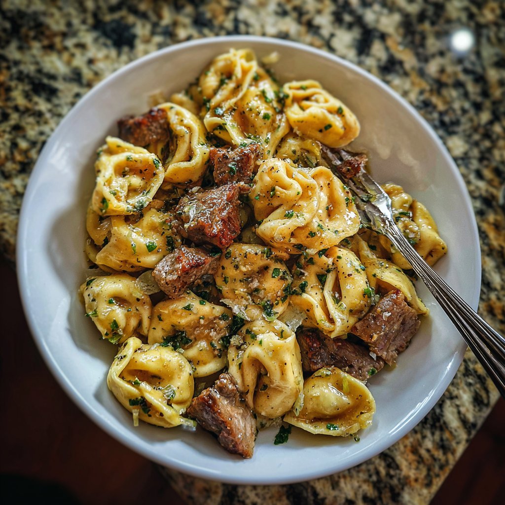 Garlic Steak Tortellini with Caramelized Garlic Butter